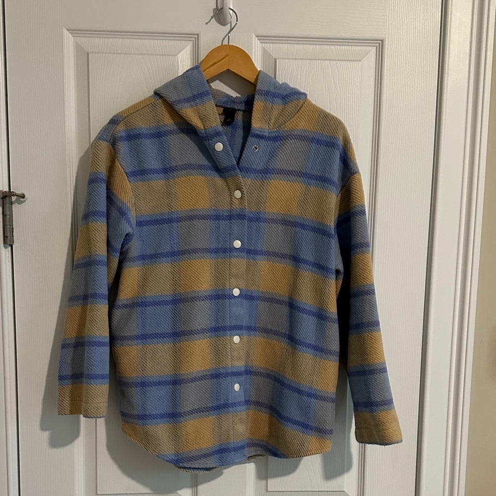 Blue and Tan Plaid Wild Fable Hooded Shacket - Picture 2 of 8